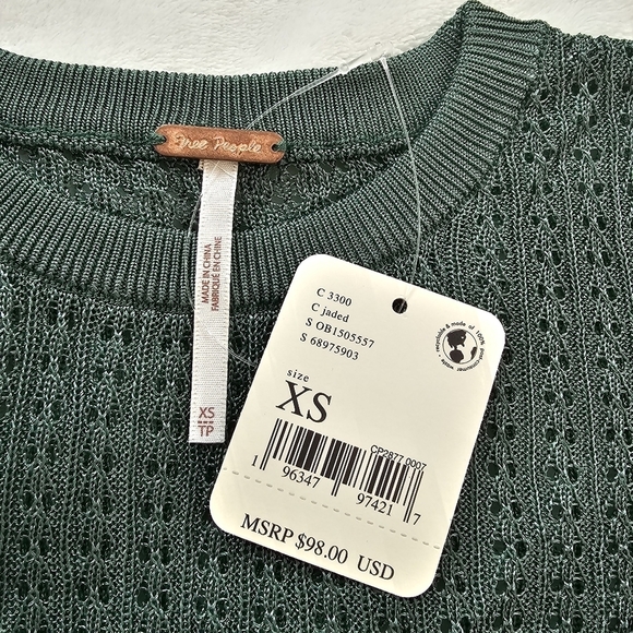 Free People H2O Crew Open Stitch Knit Long Sleeve Top Jade Green XS NWT - Picture 8 of 13